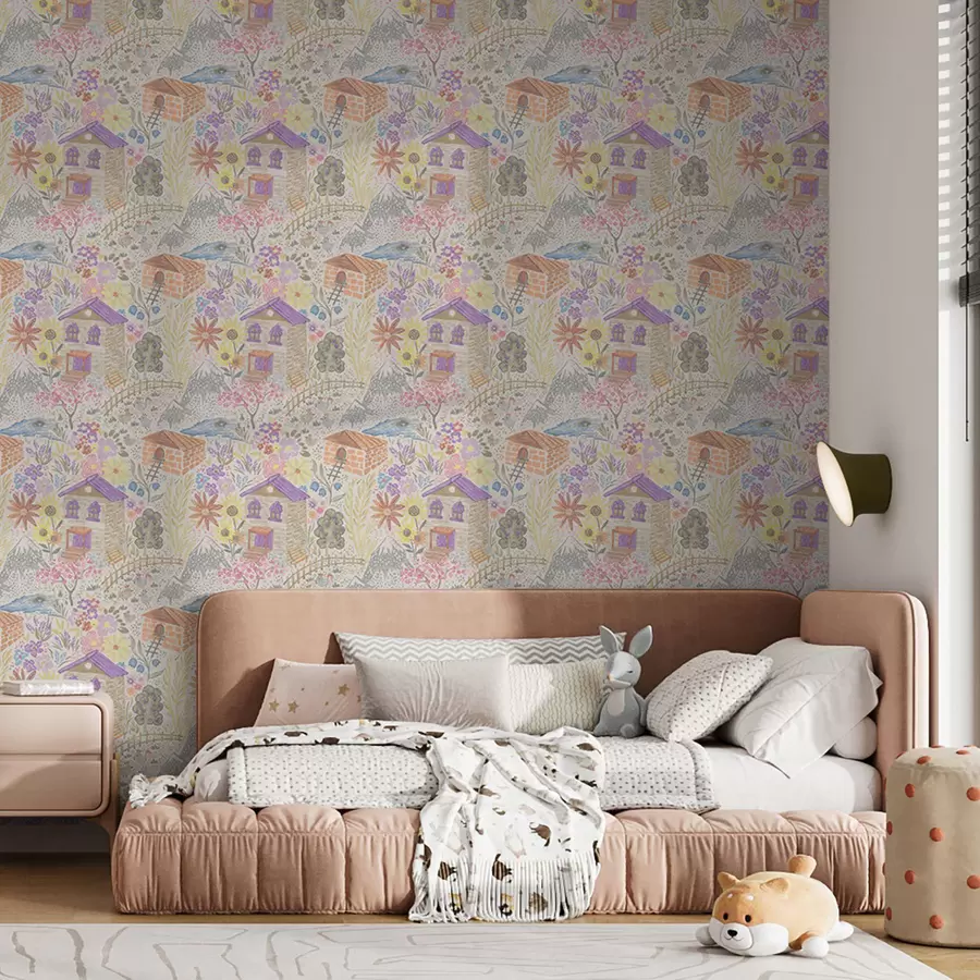 Fototapet Barnslig teckning av en by med ett hus, berg och blommor a00952