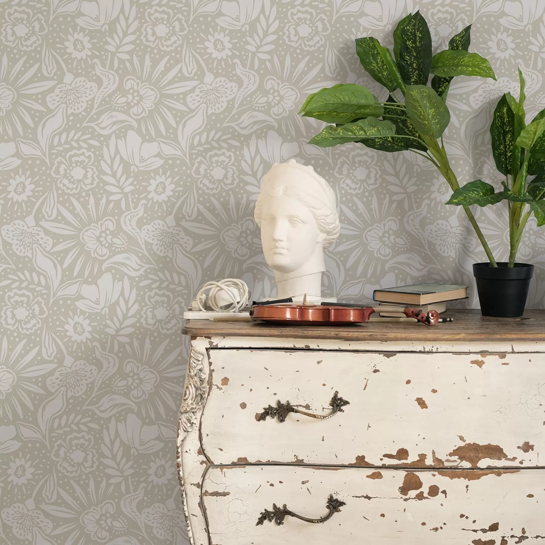 Fototapet Vitt linjärt blommönster på beige bakgrund a00956