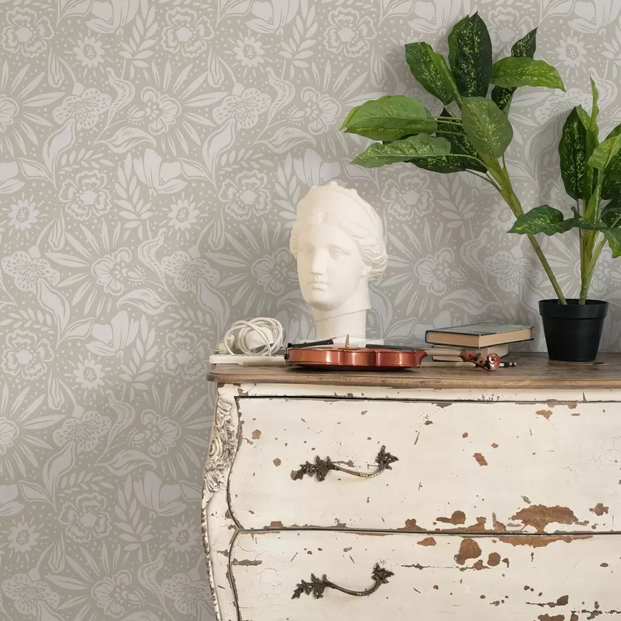 Fototapet Vitt linjärt blommönster på beige bakgrund a00956