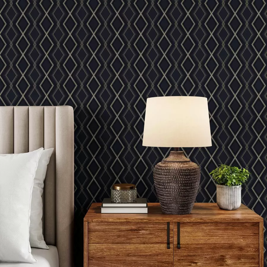 Fototapet Mörkblå diamantrutnät med tunna ljusa linjer a00975