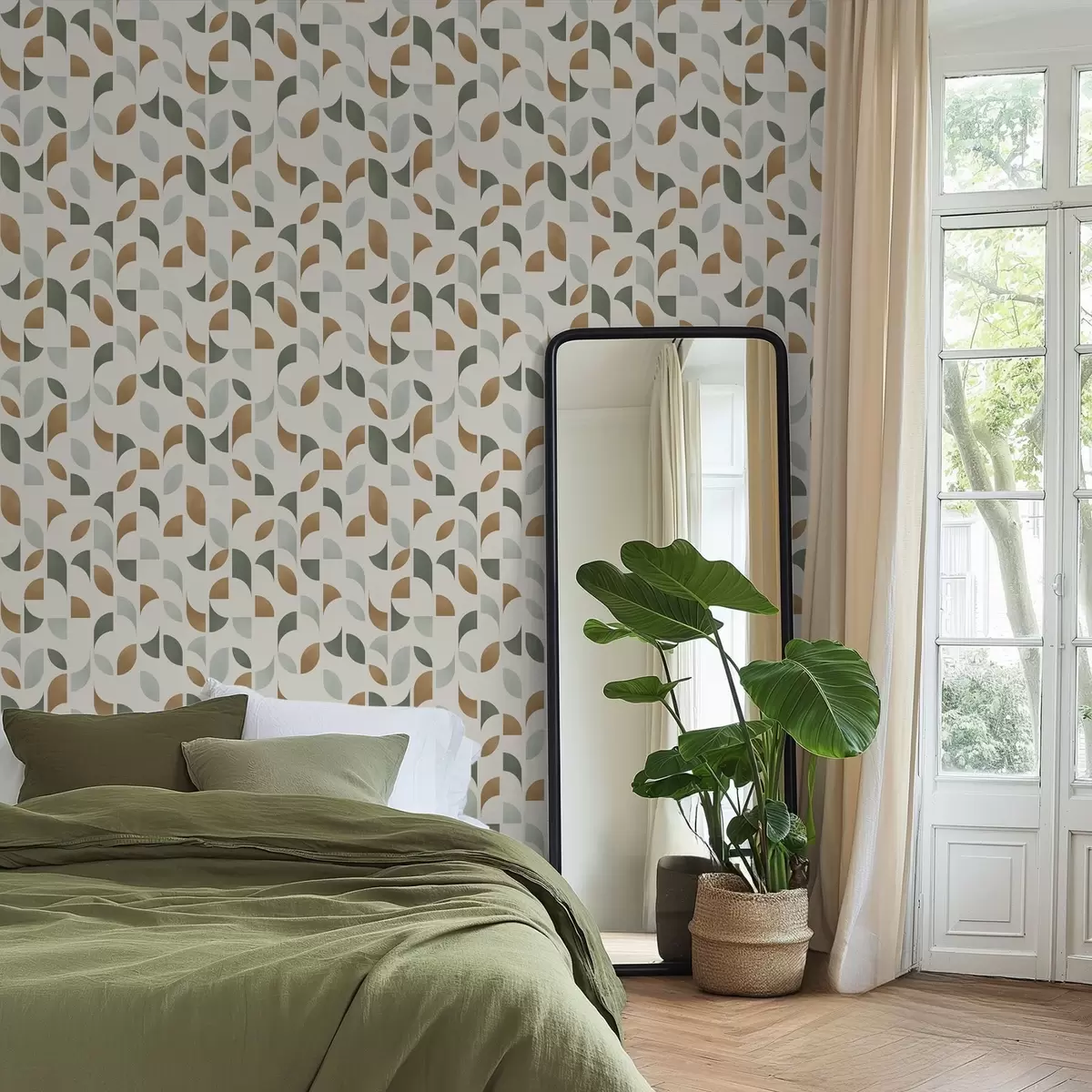 Bakgrund Abstrakta halvcirklar och blad i grönt och terrakotta a00985