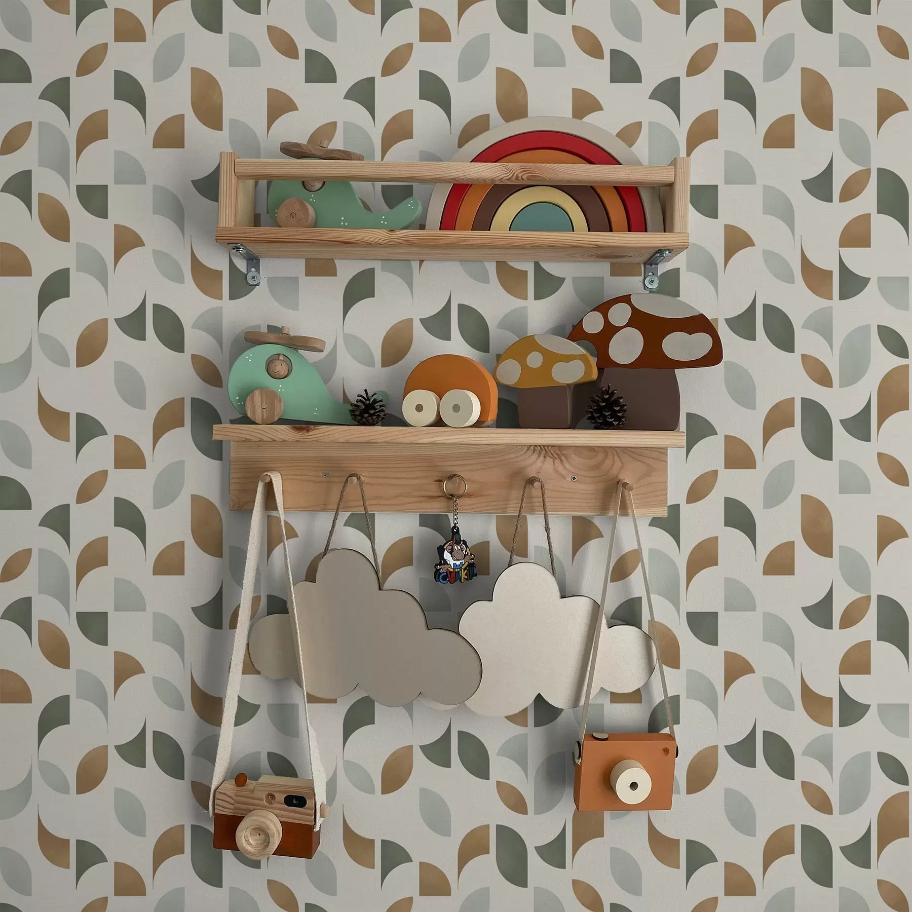 Fototapet Abstrakta halvcirklar och blad i grönt och terrakotta a00985