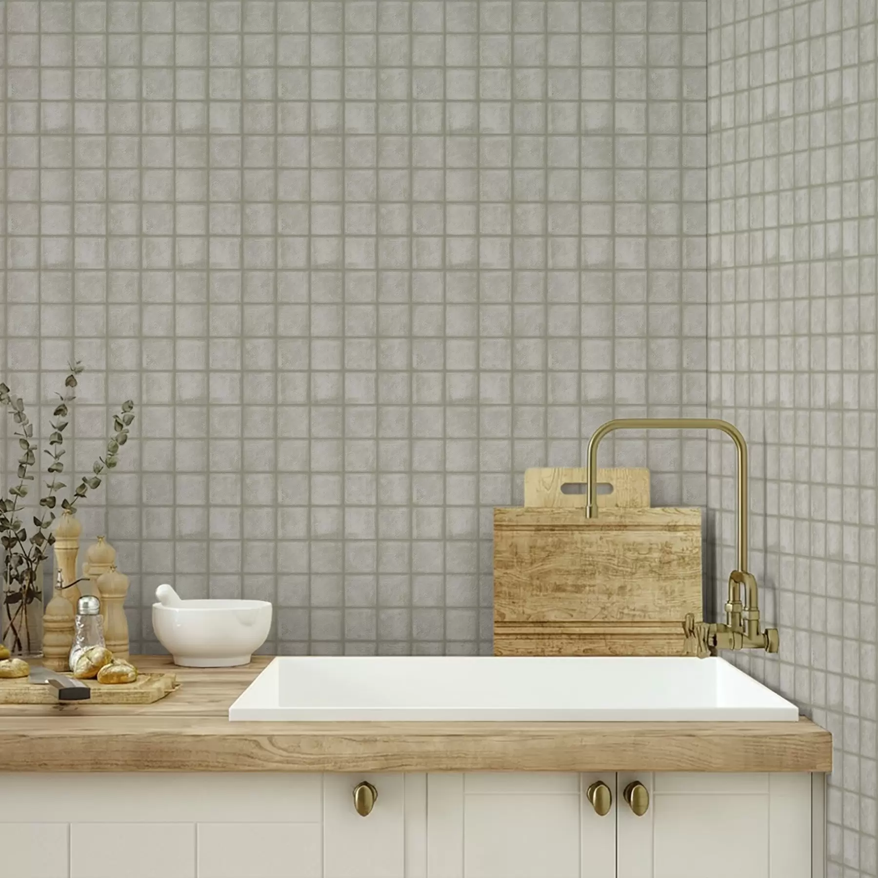 Fototapet Imitation av fyrkantiga kakelplattor i en mjuk grågrön färgskala a00988