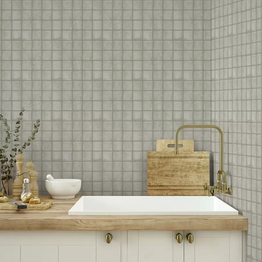 Fototapet Imitation av fyrkantiga kakelplattor i en mjuk grågrön färgskala a00988