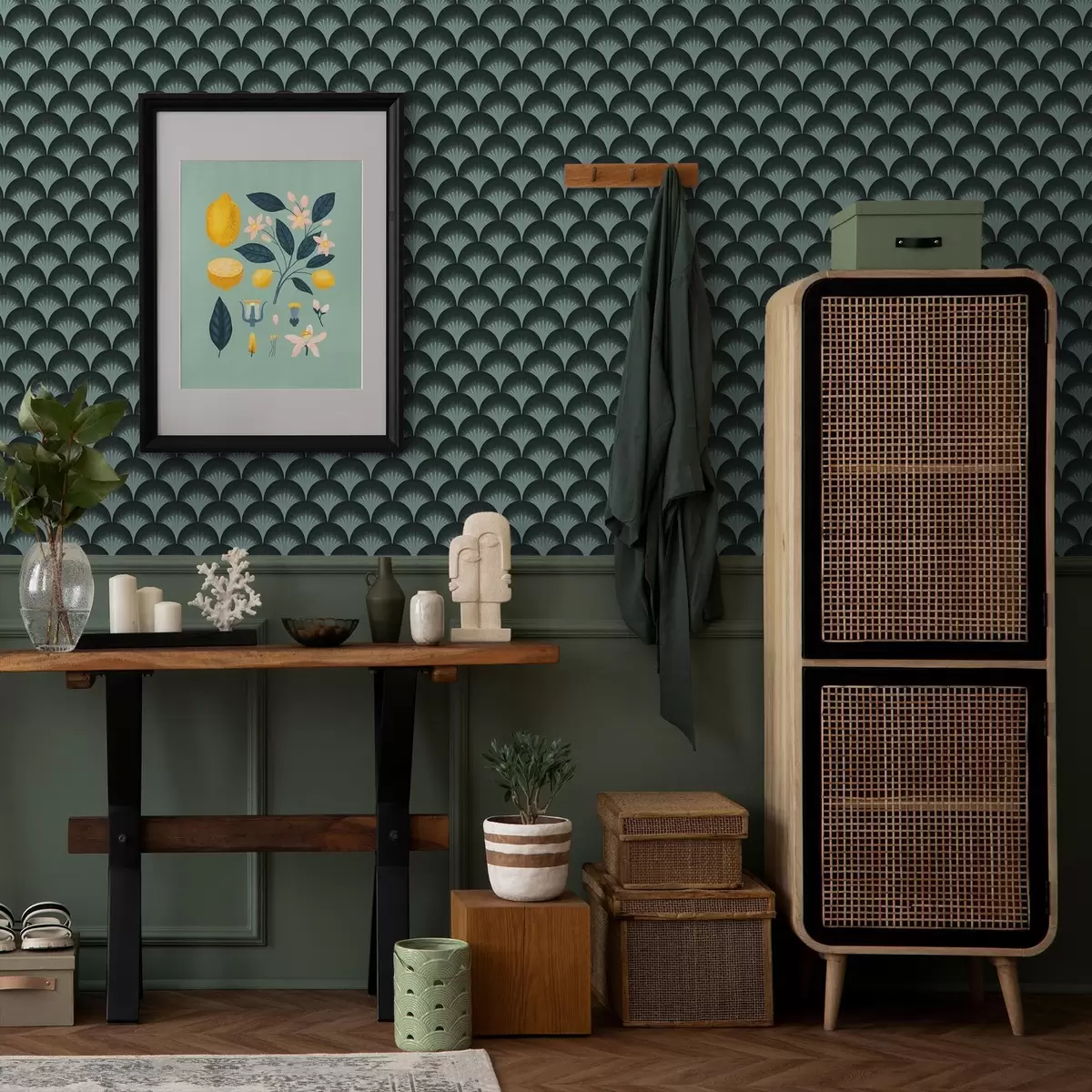 Bakgrund Kontrasterande mintfärgade fläktar på en nästan svart bakgrund a00990