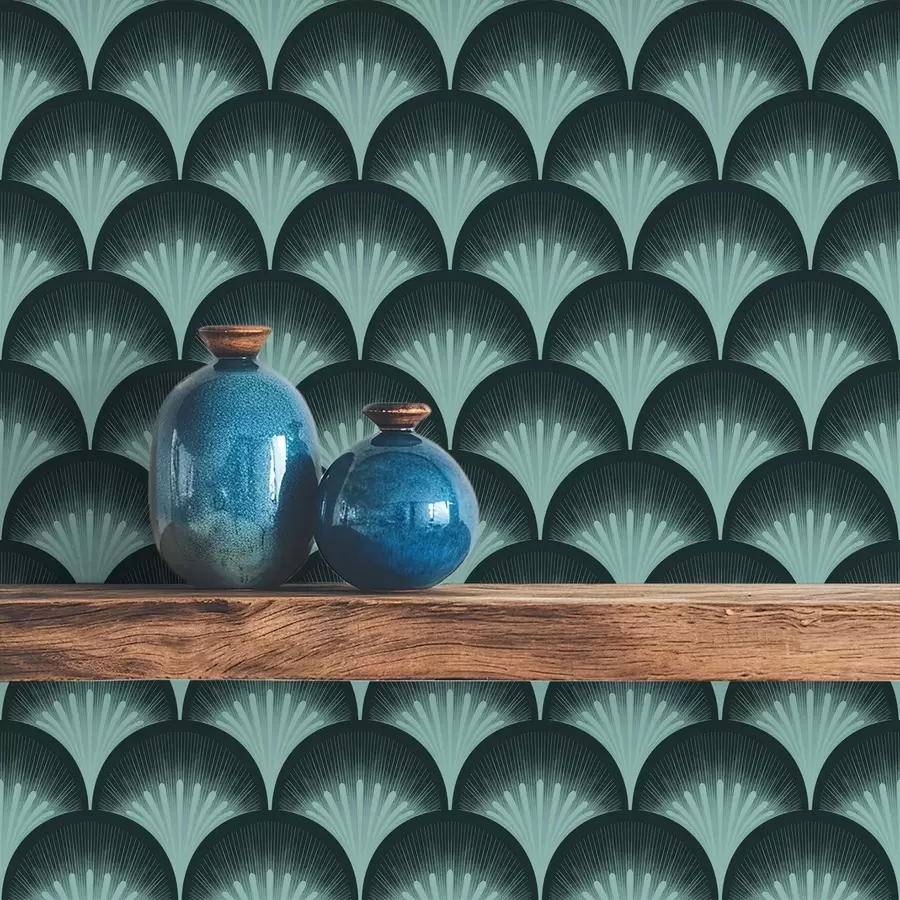 Fototapet Kontrasterande mintfärgade fläktar på en nästan svart bakgrund a00990