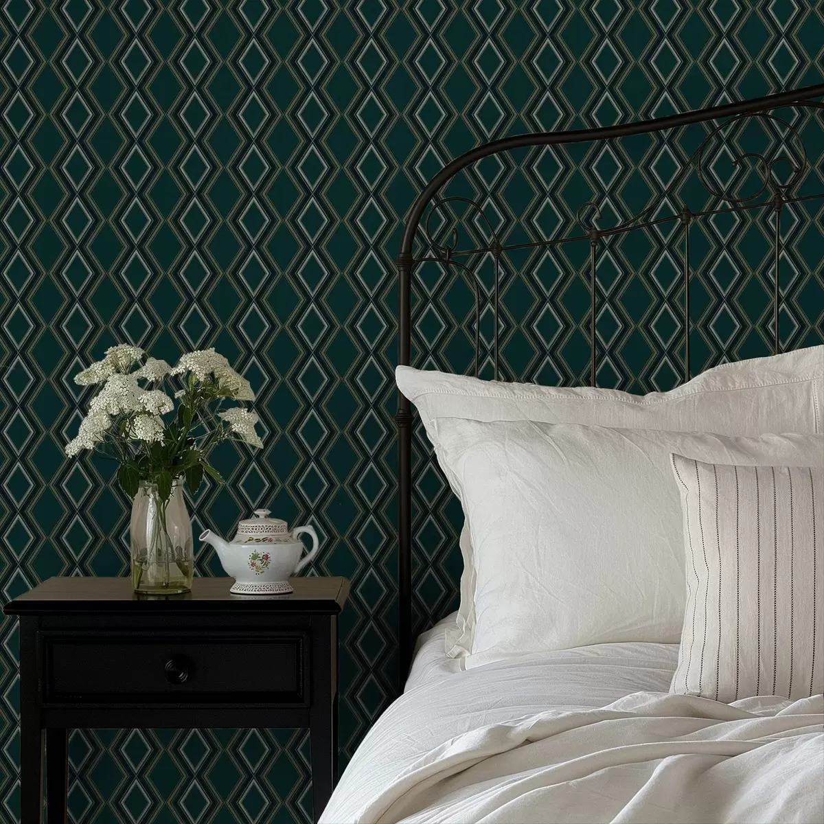 Bakgrund Mörk turkosgrön bakgrund med vertikala rader av romber a00976