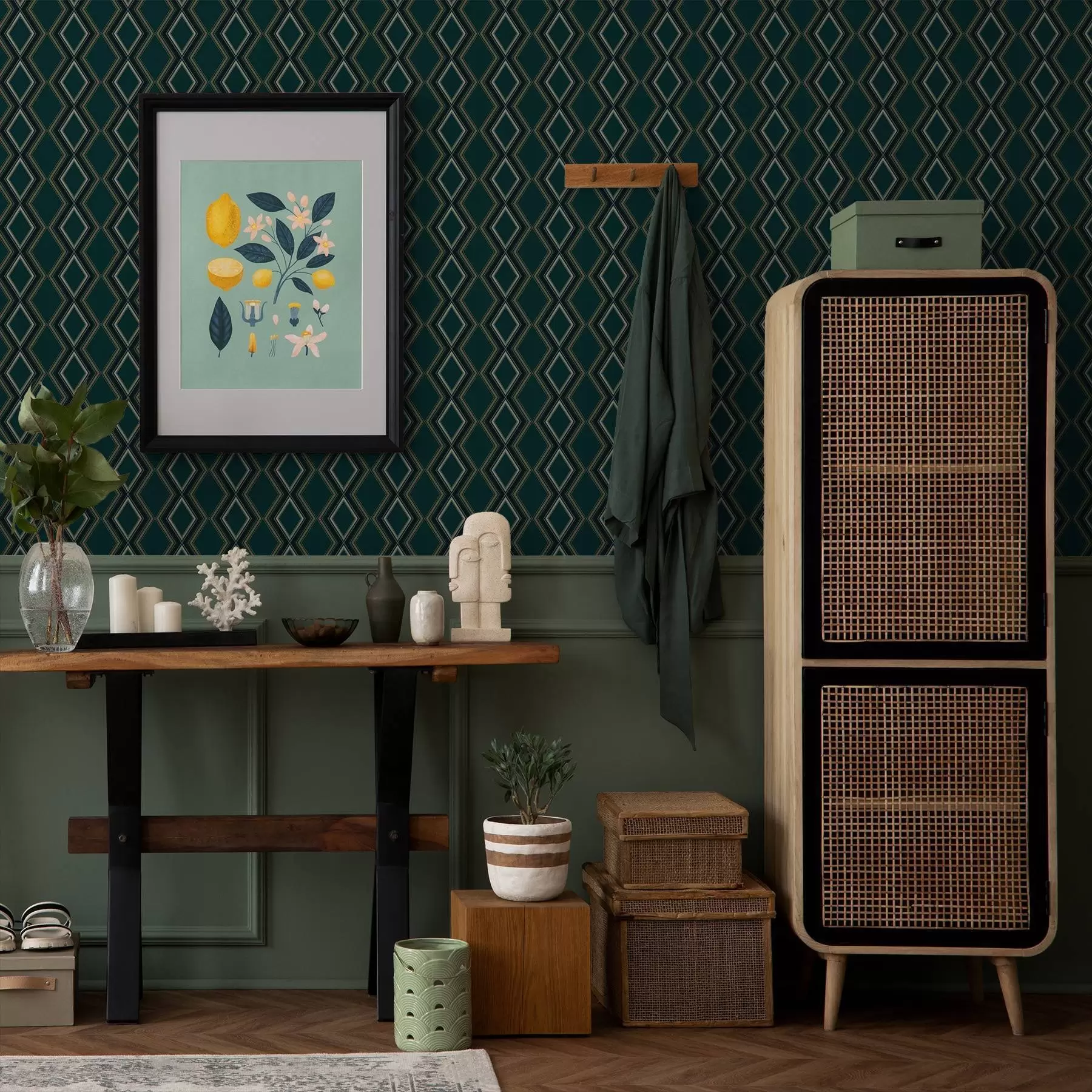 Fototapet Mörk turkosgrön bakgrund med vertikala rader av romber a00976