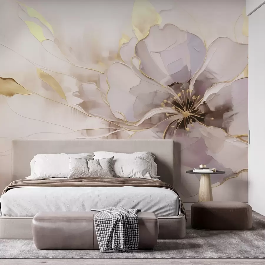 Fototapet Blå blomma med gula accenter i abstrakt penseldragstil w09505