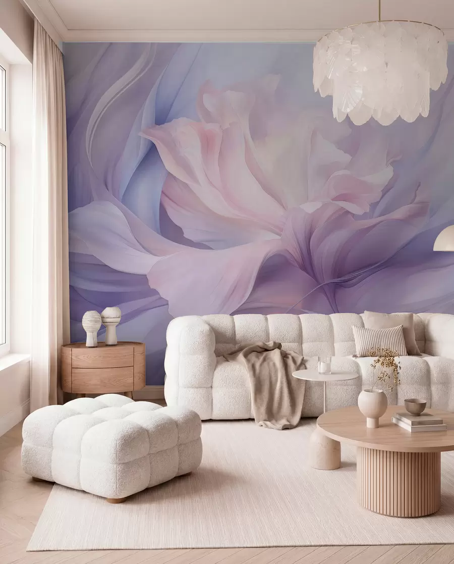 Fototapet Mjukt blombladsdimma: en luftig blomma i en pastelllila dimma w09517