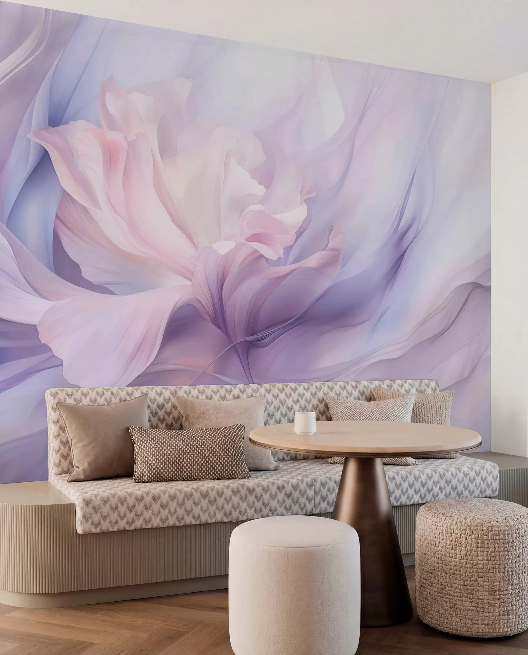 Fototapet Mjukt blombladsdimma: en luftig blomma i en pastelllila dimma w09517