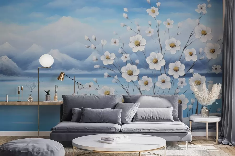 Fototapet Vita vårblommor vid en isig sjö med snöklädda berg i oljemålningsstil w09526
