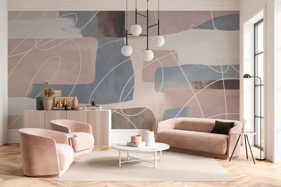 Fototapet modern abstraktion i nyanser av pudrigt rosa, gråblått, beige och brunt w04877