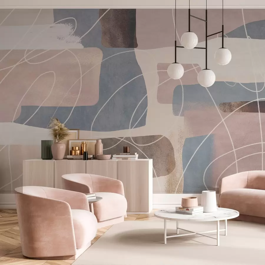 Fototapet modern abstraktion i nyanser av pudrigt rosa, gråblått, beige och brunt w04877