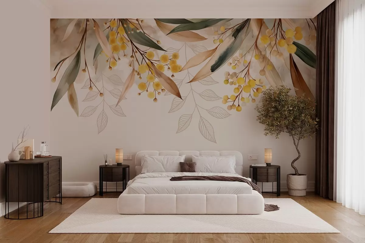 Fototapet blommor och blad av mimosa som faller från ovan i akvarellstil w04880