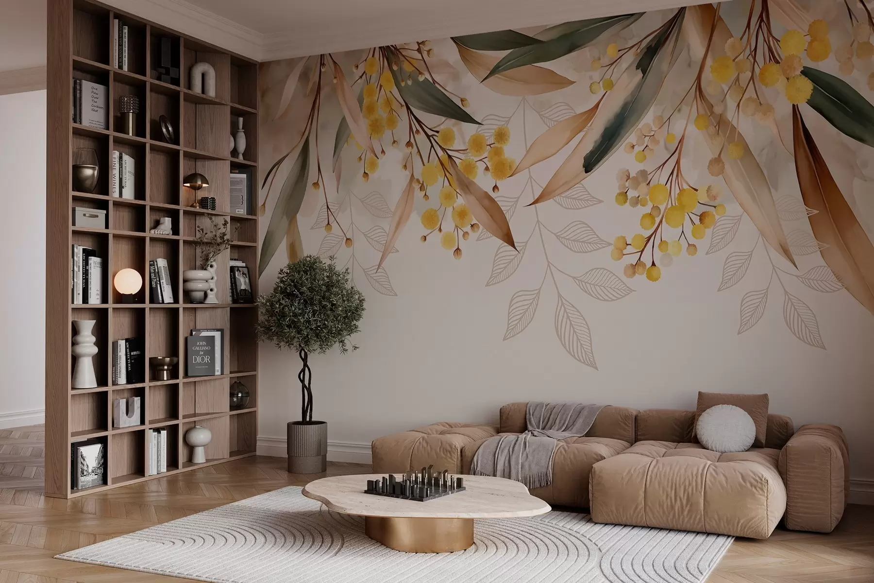 Fototapet blommor och blad av mimosa som faller från ovan i akvarellstil w04880