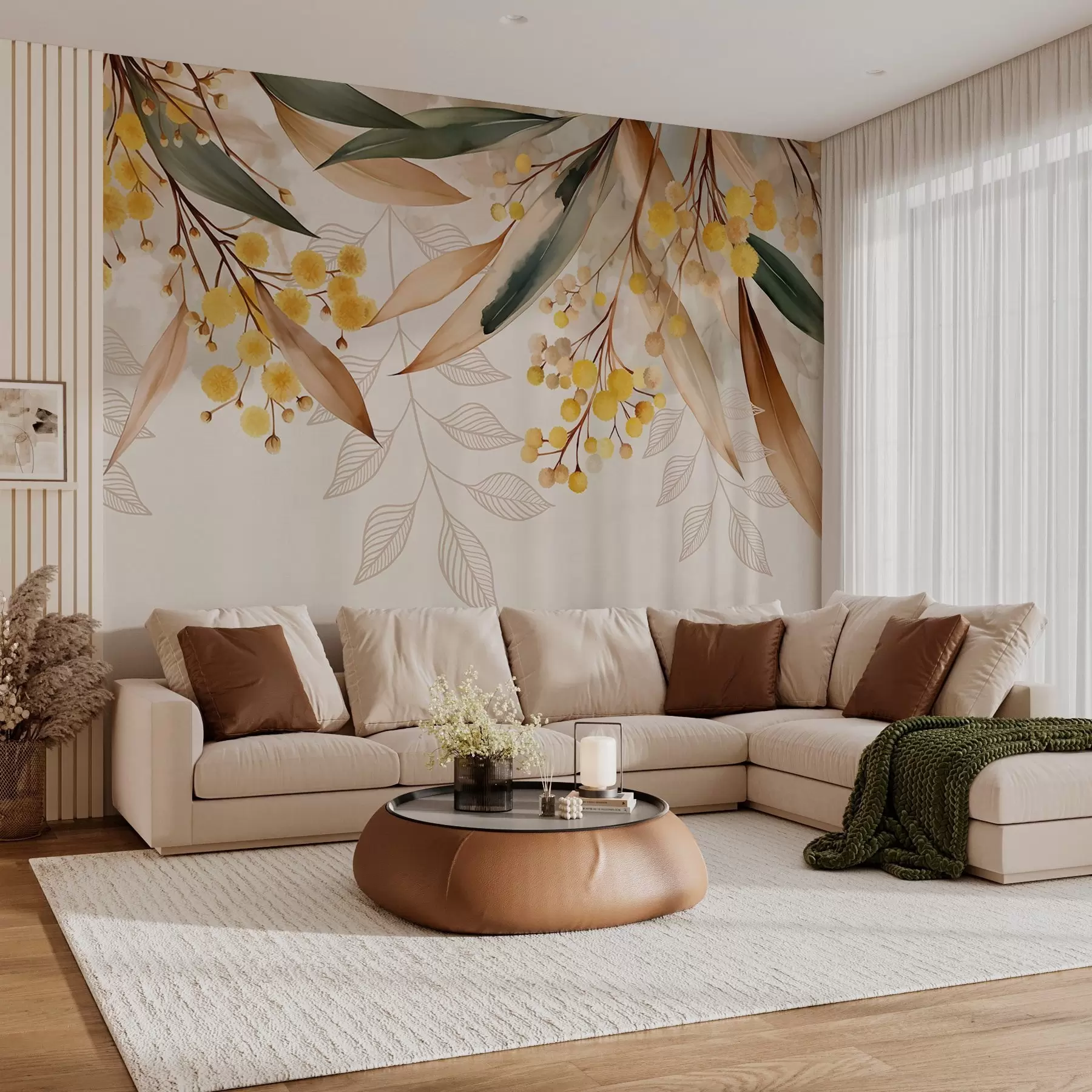 Fototapet blommor och blad av mimosa som faller från ovan i akvarellstil w04880