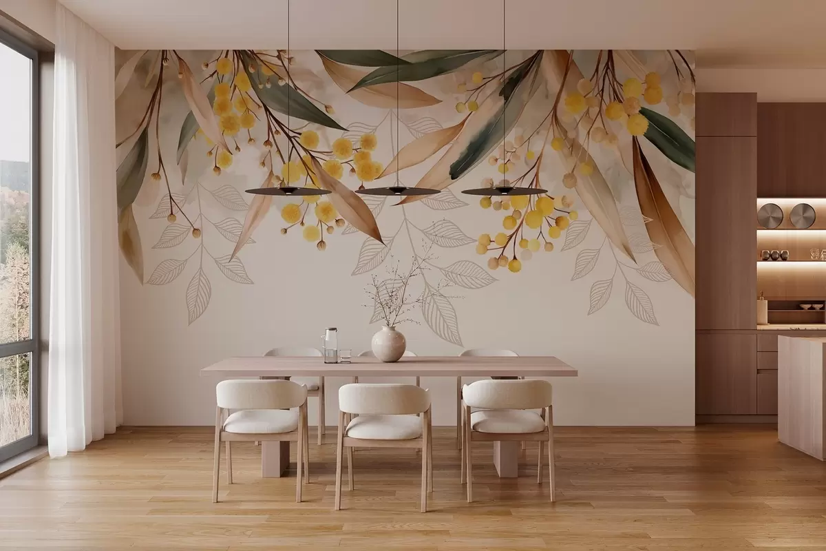 Fototapet blommor och blad av mimosa som faller från ovan i akvarellstil w04880