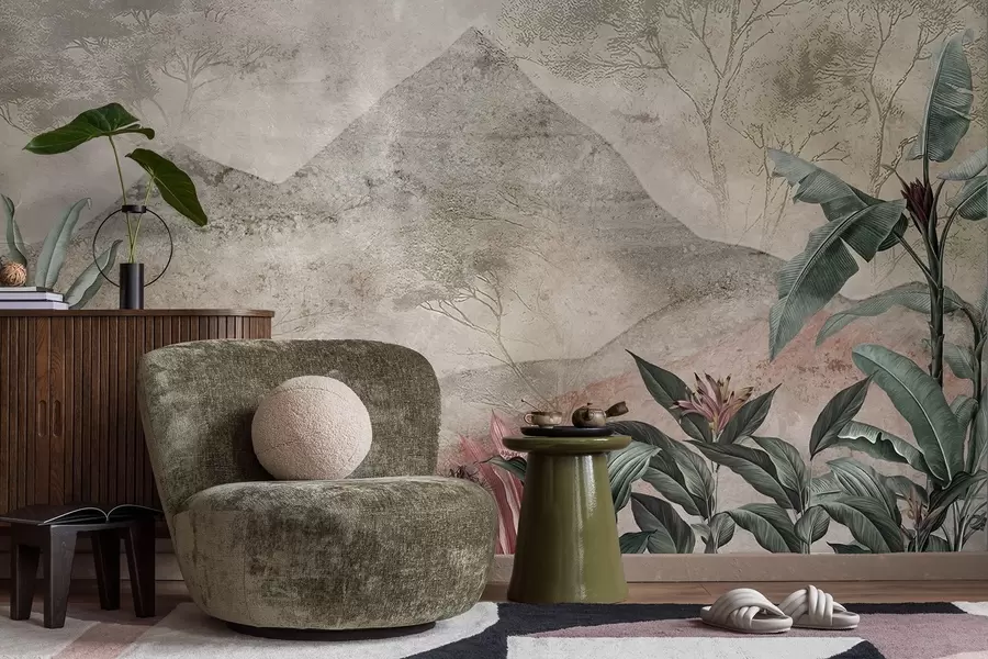 Fototapet Pastellfärgade bananblad och tropiska blommor mot bergen w04933