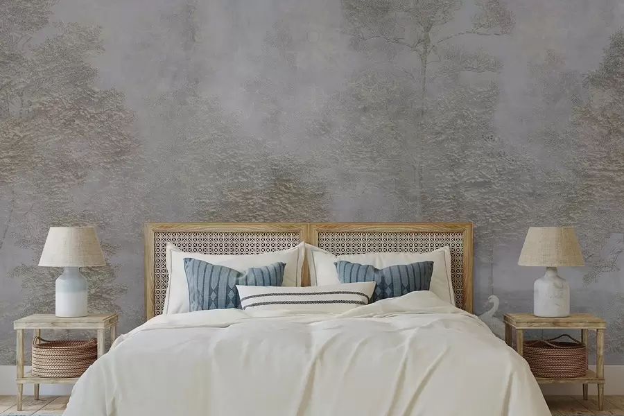 Fototapet Dimskog med en vit häger och mjuk textur w04953