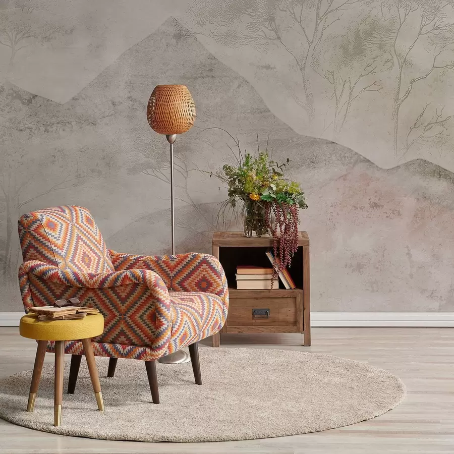 Fototapet Mjuka pastellfärgade berg och träd i lätt dimma w04954