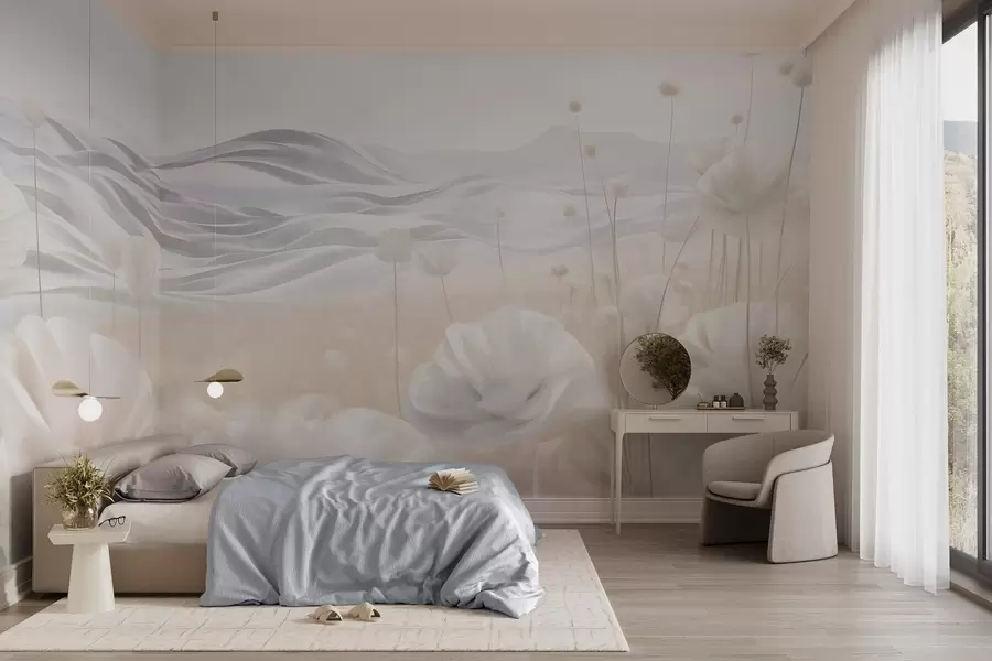 Fototapet Texturerat fält med krämfärgade vallmo och böljande kullar under en ljusblå himmel med mjuka moln, pastellfärger w09553