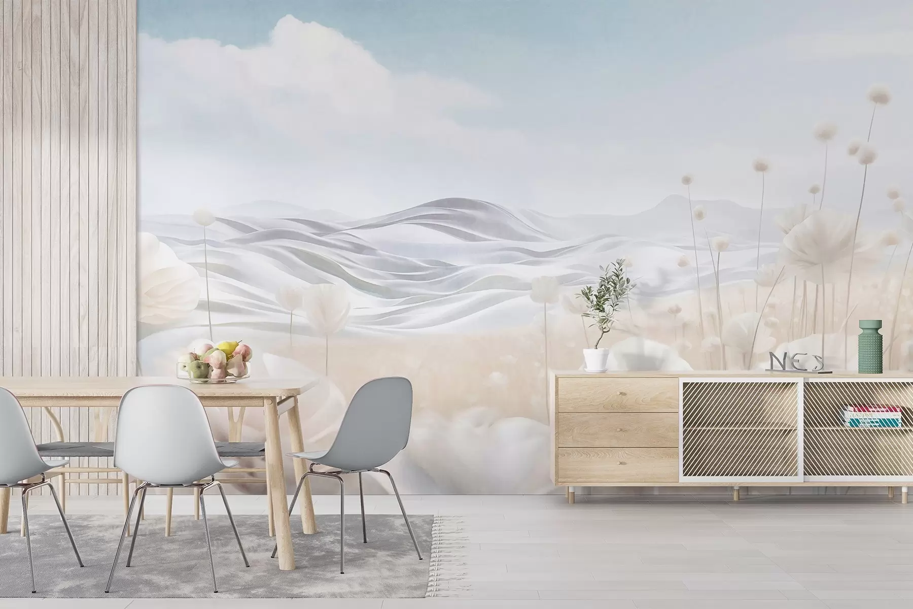 Fototapet Texturerat fält med krämfärgade vallmo och böljande kullar under en ljusblå himmel med mjuka moln, pastellfärger w09553