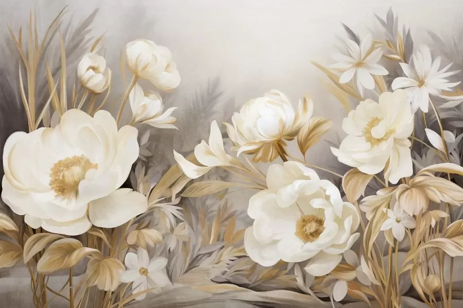 Fototapet Vita och gula pioner och andra blommor med högt gräs och blad i en mjuk, målerisk texturstil w09494