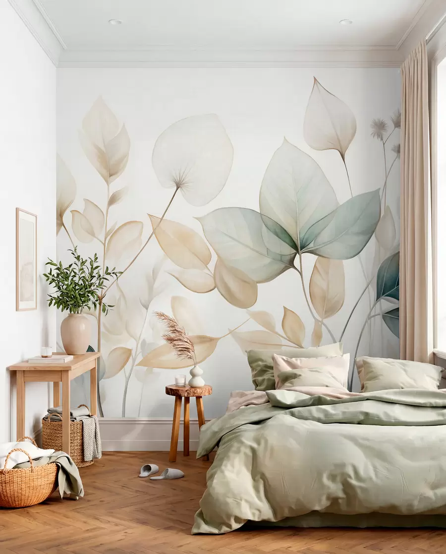 Fototapet Strukturerade genomskinliga blad i dämpade beige- och turkosa nyanser, med delikata stjälkar mot en mjuk, ljus bakgrund w09583