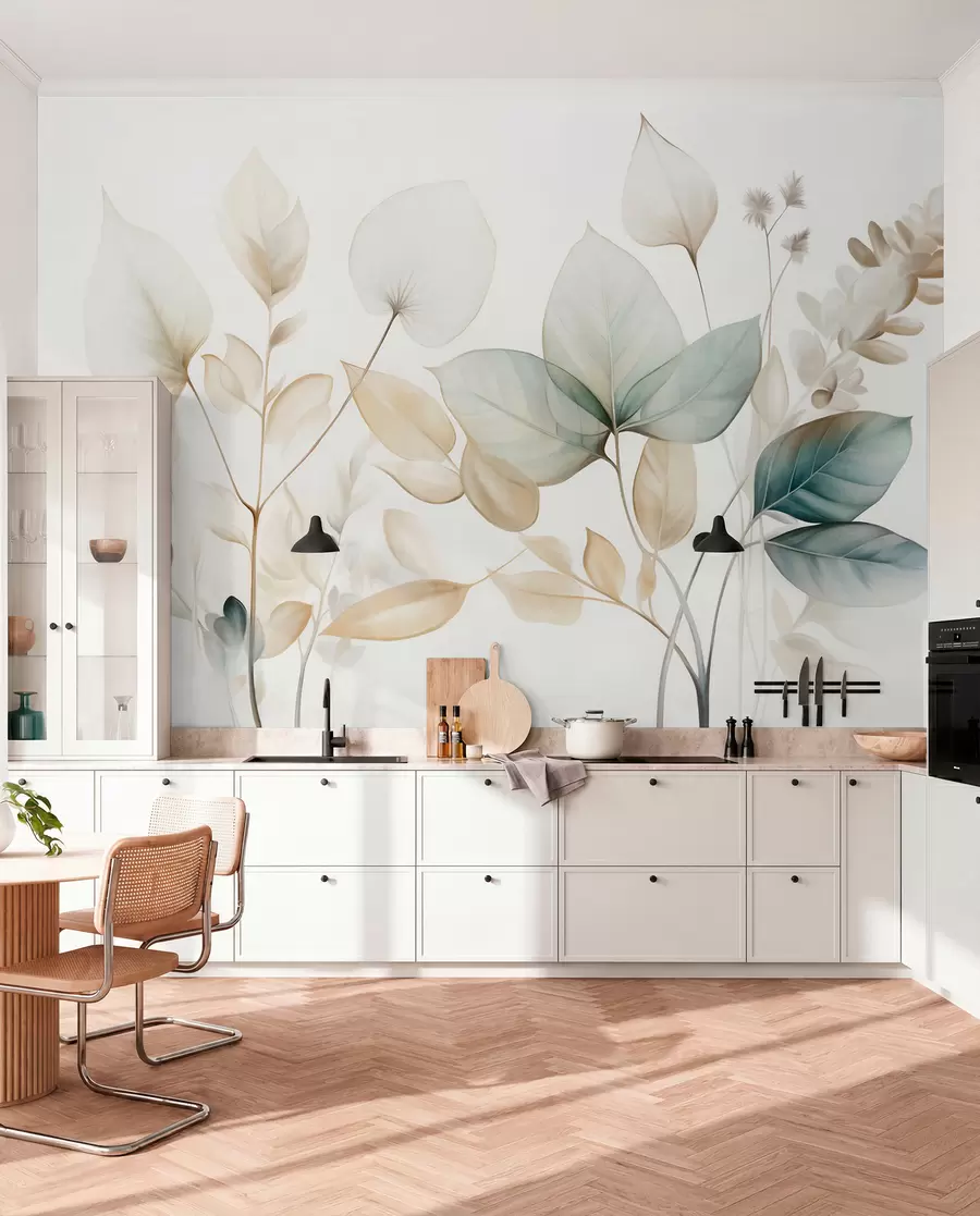 Fototapet Strukturerade genomskinliga blad i dämpade beige- och turkosa nyanser, med delikata stjälkar mot en mjuk, ljus bakgrund w09583