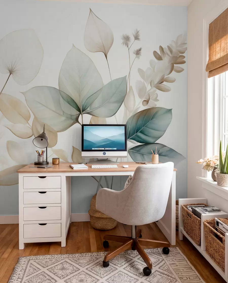 Fototapet Strukturerade genomskinliga blad i dämpade beige- och turkosa nyanser, med delikata stjälkar mot en mjuk, ljus bakgrund w09583