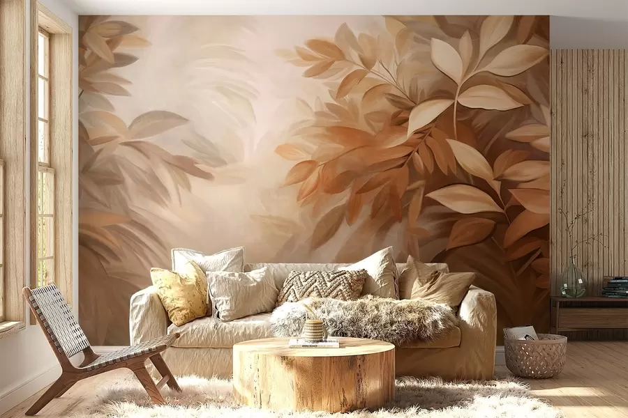 Fototapet Bruna och beige blad med mjuk, suddig textur, i en målerisk stil med synliga penseldrag w09584