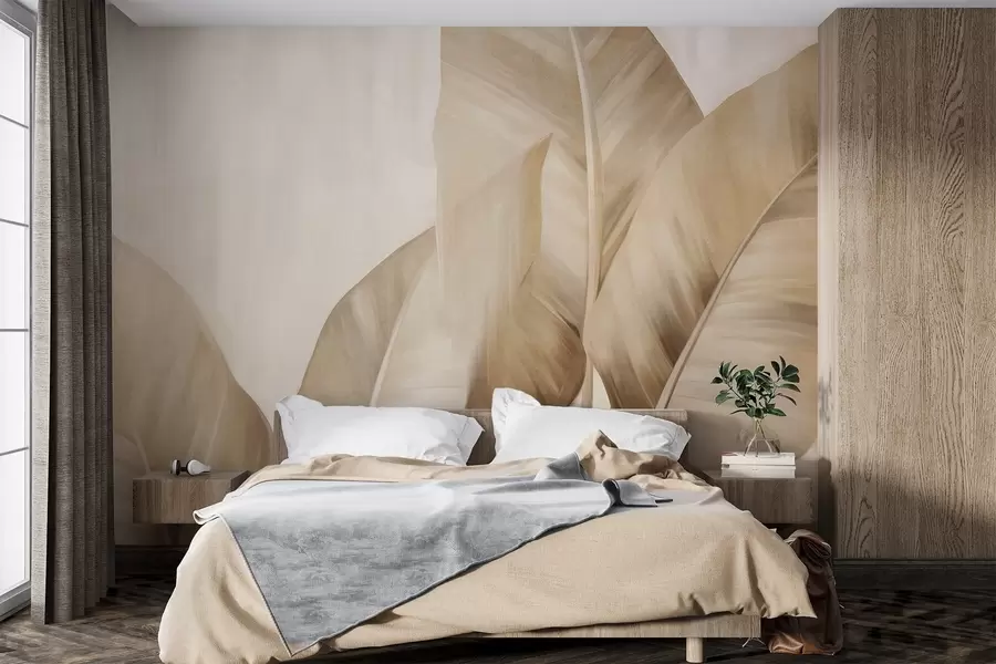 Fototapet Stora, ljusbruna bananblad med struktur mot en ljusbeige bakgrund, med en mjuk och minimalistisk estetik w09586
