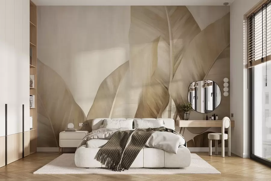 Fototapet Stora, ljusbruna bananblad med struktur mot en ljusbeige bakgrund, med en mjuk och minimalistisk estetik w09586