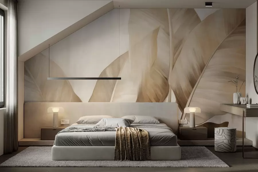 Fototapet Stora, ljusbruna bananblad med struktur mot en ljusbeige bakgrund, med en mjuk och minimalistisk estetik w09586