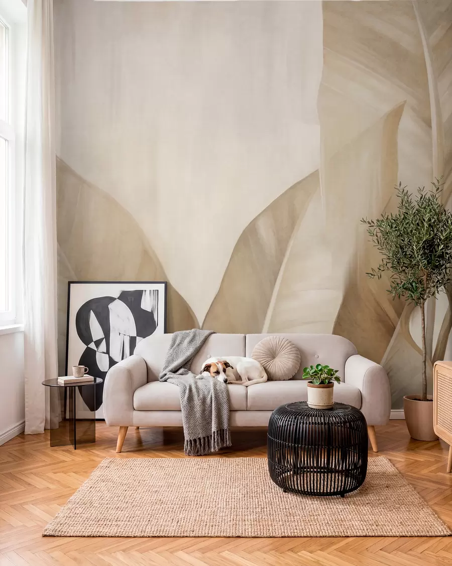 Fototapet Stora, ljusbruna bananblad med struktur mot en ljusbeige bakgrund, med en mjuk och minimalistisk estetik w09586