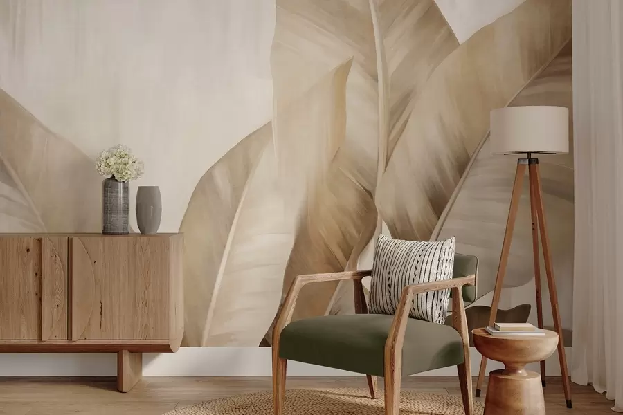 Fototapet Stora, ljusbruna bananblad med struktur mot en ljusbeige bakgrund, med en mjuk och minimalistisk estetik w09586