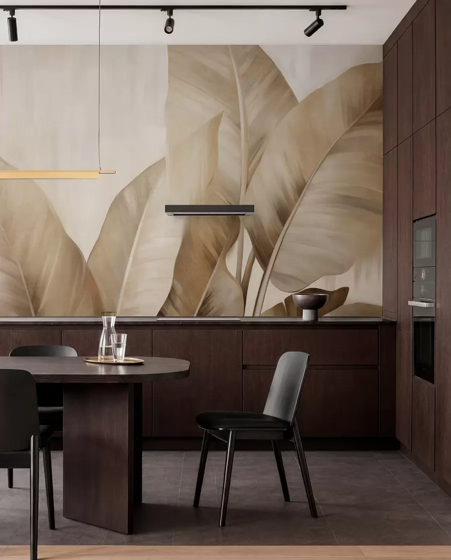 Fototapet Stora, ljusbruna bananblad med struktur mot en ljusbeige bakgrund, med en mjuk och minimalistisk estetik w09586
