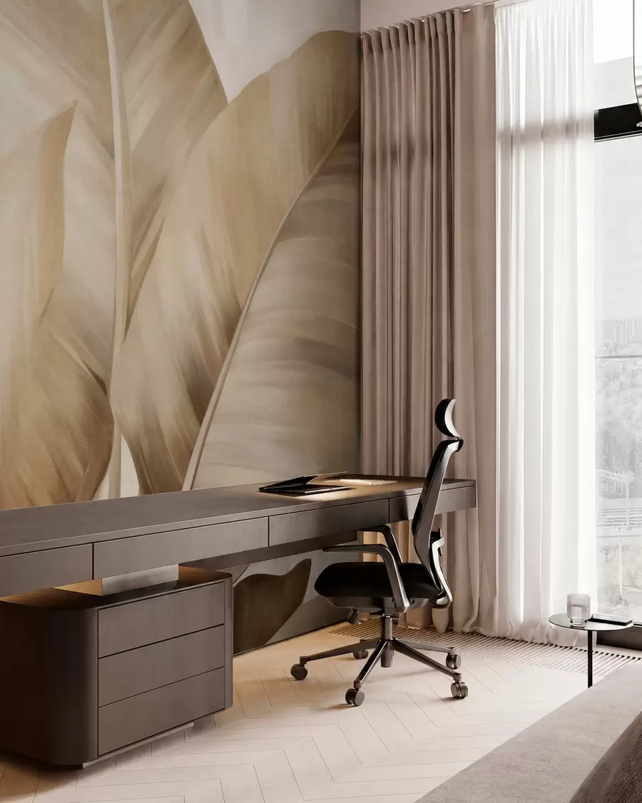 Fototapet Stora, ljusbruna bananblad med struktur mot en ljusbeige bakgrund, med en mjuk och minimalistisk estetik w09586