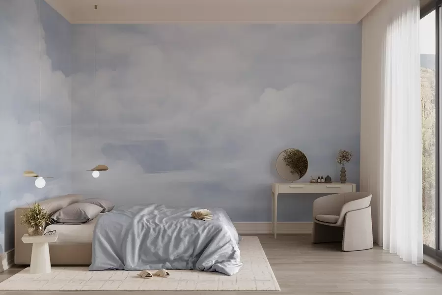 Fototapet Pastellfärgad himmel med vita moln och en mjuk och minimalistisk estetik w09589