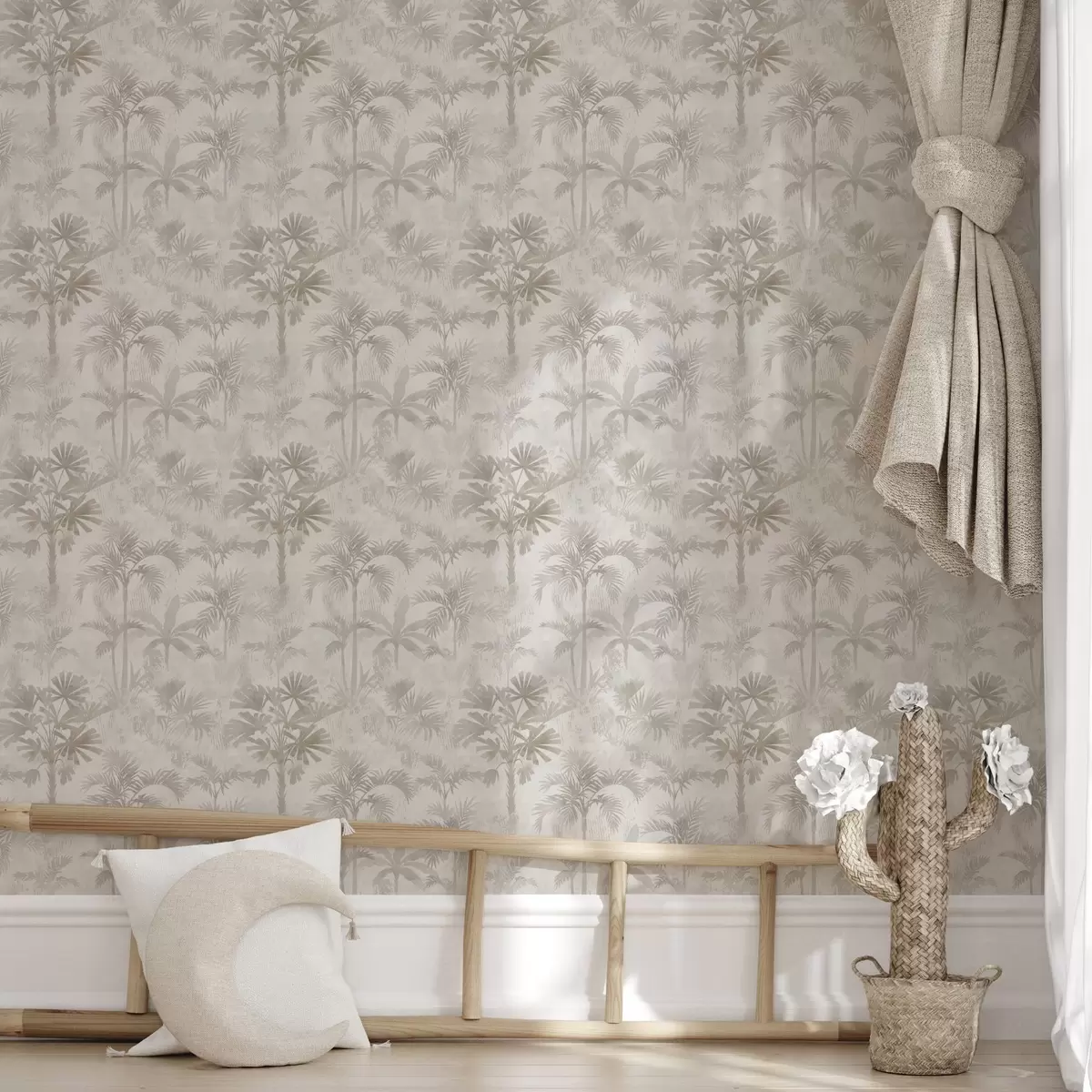 Bakgrund Dimma över palmträd i varma beige toner a00881