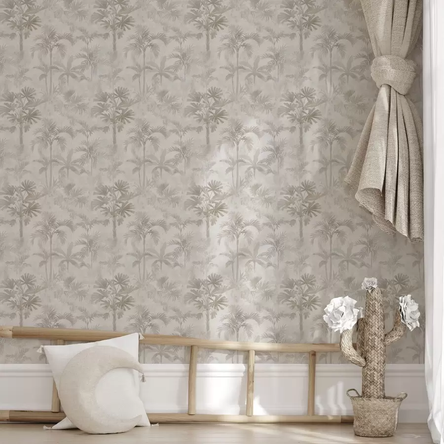 Fototapet Dimma över palmträd i varma beige toner a00881
