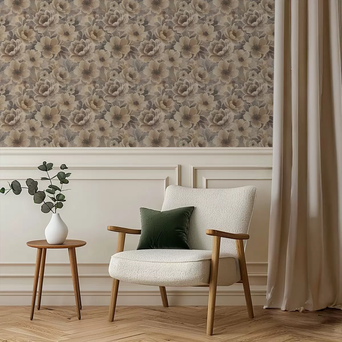 Bakgrund Målningsliknande beige blommor på en rökig abstrakt bakgrund a00884