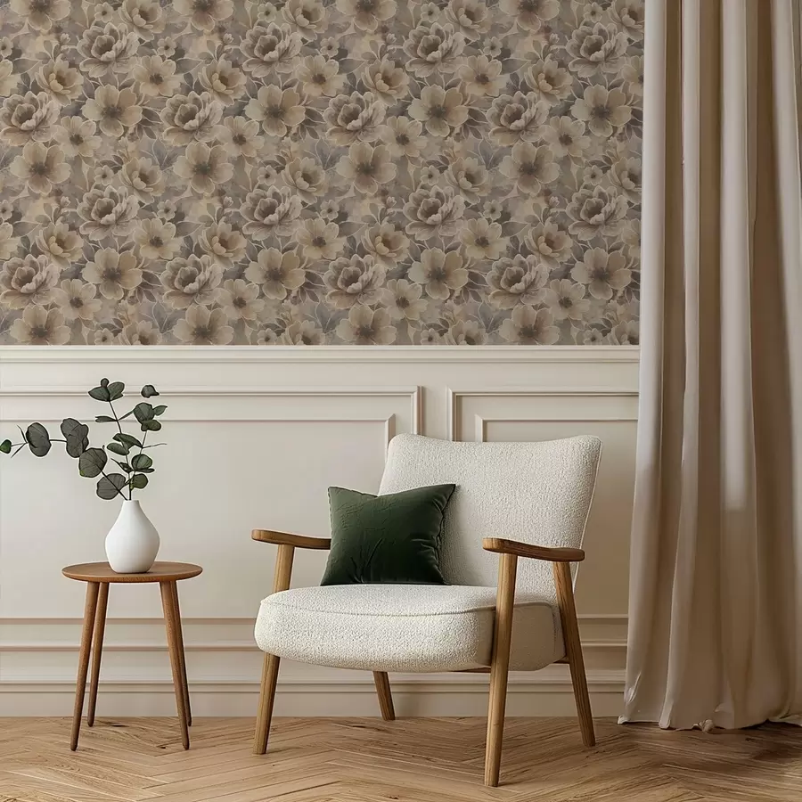 Fototapet Målningsliknande beige blommor på en rökig abstrakt bakgrund a00884