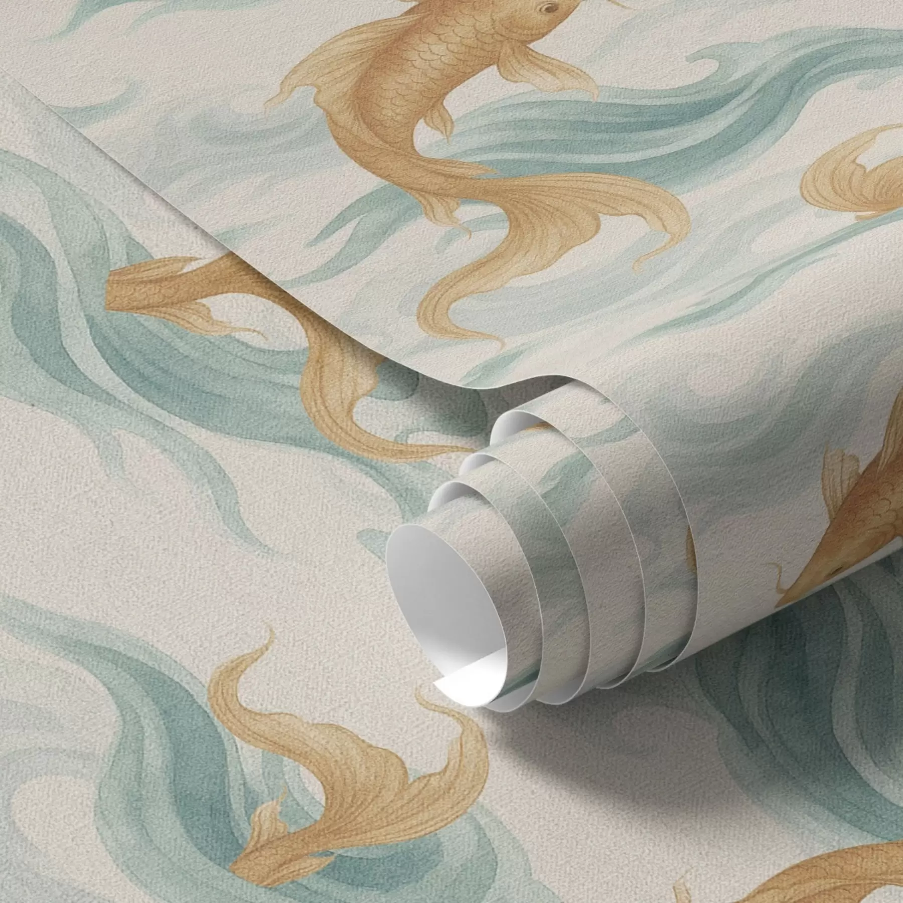 Fototapet Amber koi fisk simmar bland mjuka turkosa vågor a00894