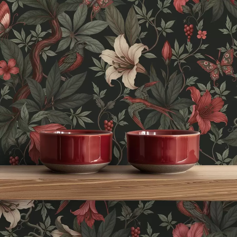 Fototapet Mörka djungelblommor med fåglar och fjärilar a00895