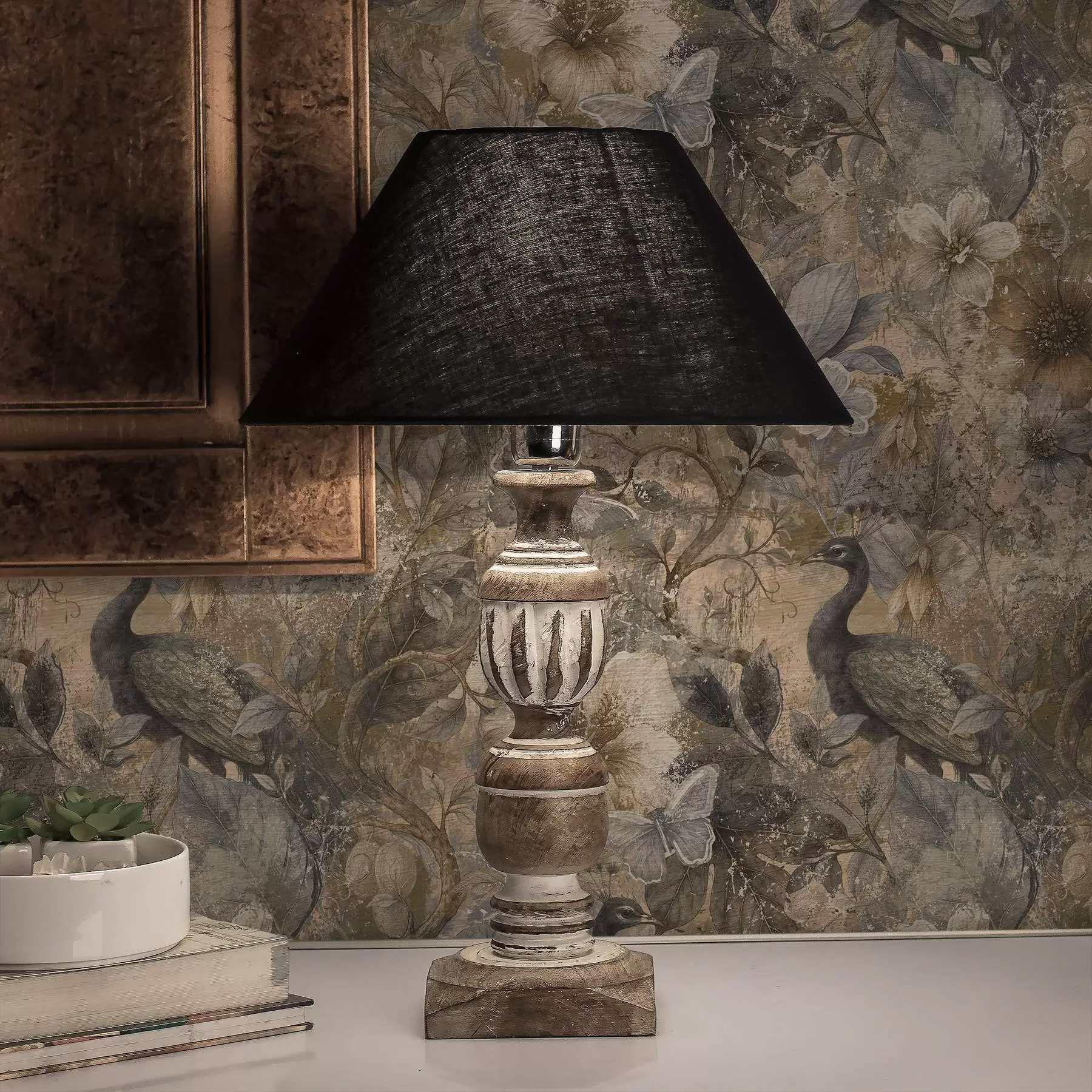 Fototapet Åldrat blomstercollage med påfåglar och fjärilar a00897