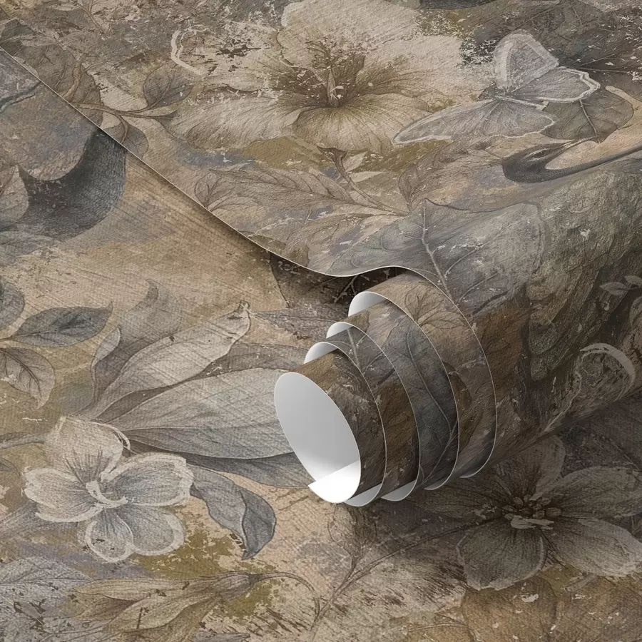 Fototapet Åldrat blomstercollage med påfåglar och fjärilar a00897