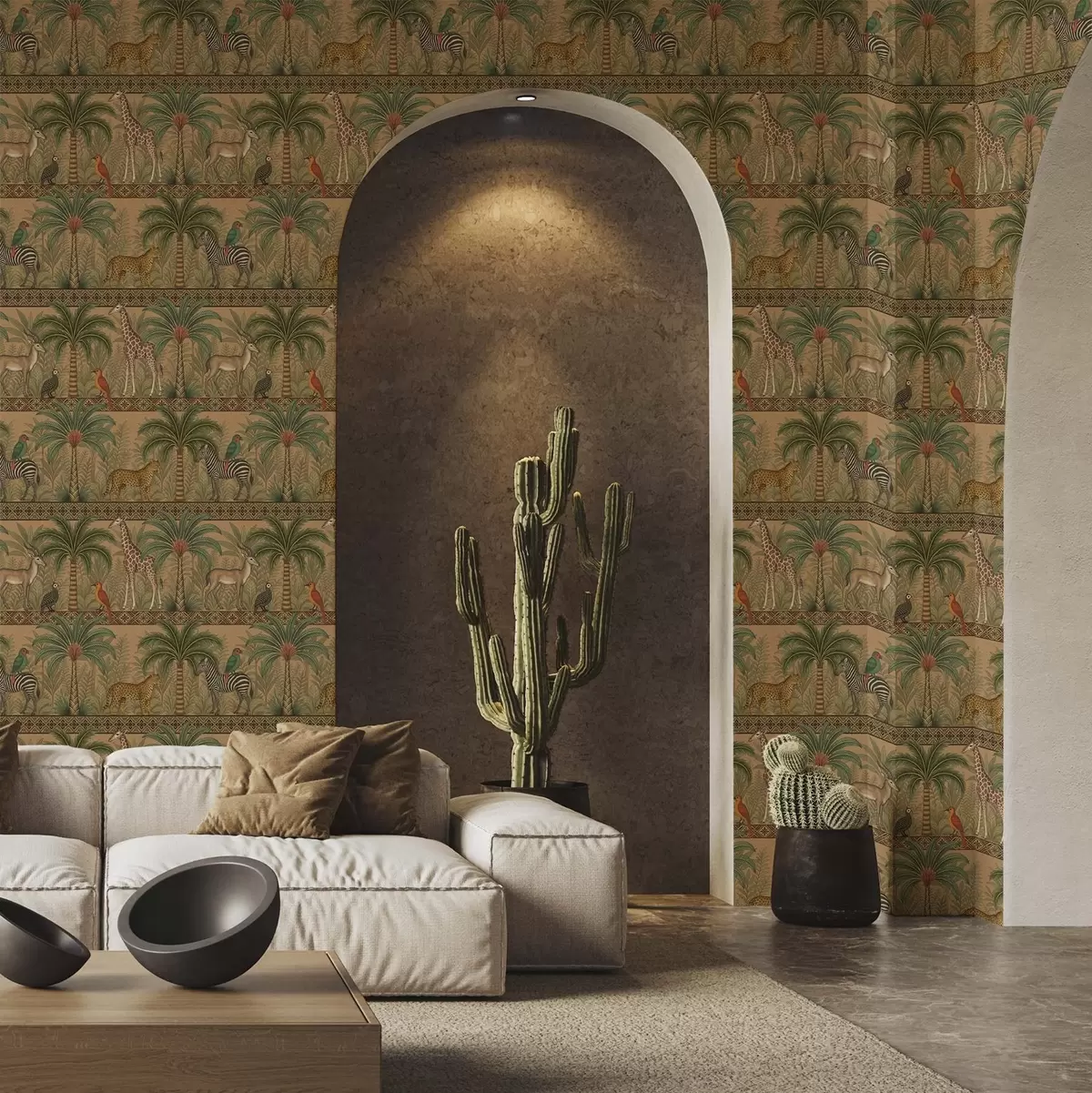 Bakgrund Dekorativa savann djur mellan palmer och gränser a00898