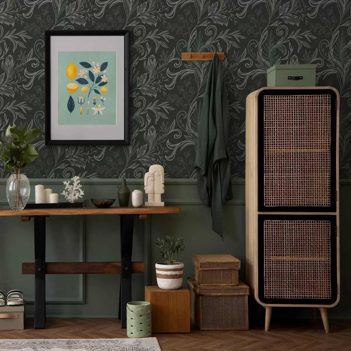 Bakgrund Djupa skogsblad i kritvita gröna toner a00935v2